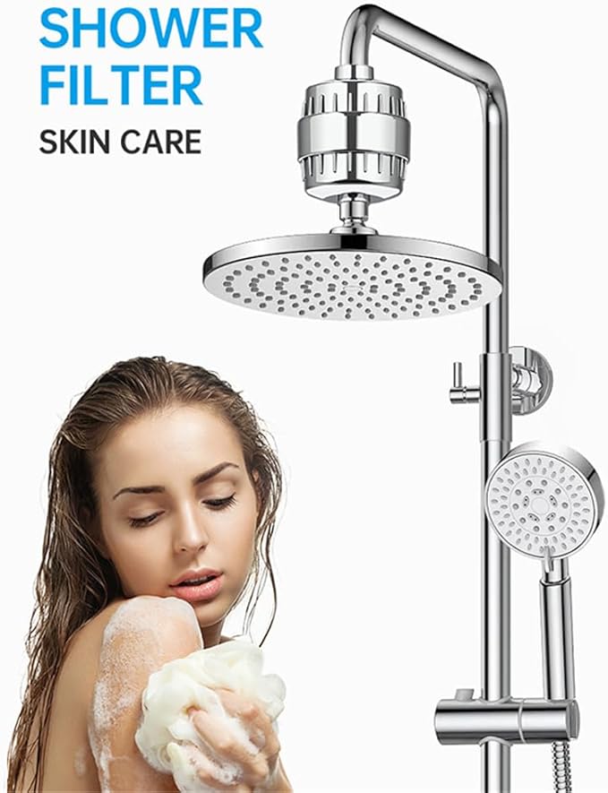 20 Stage Shower Filter Universal with Replaceable Water Filter,Bathroom shower filter head for hard water,Removing Chlorine and fluoride,Polished Chrome