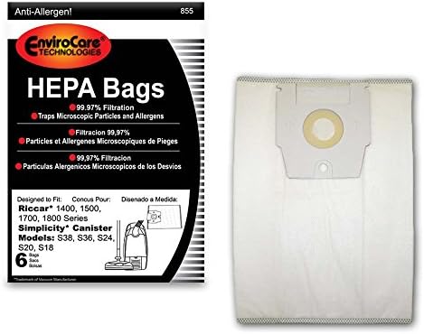EnviroCare Replacement HEPA Filtration Vacuum Cleaner Bags made to fit Riccar 1400, 1500, 1700, 1800 Series and Simplicity S38, S36, S24, S20 and S18 Canisters 6 pack