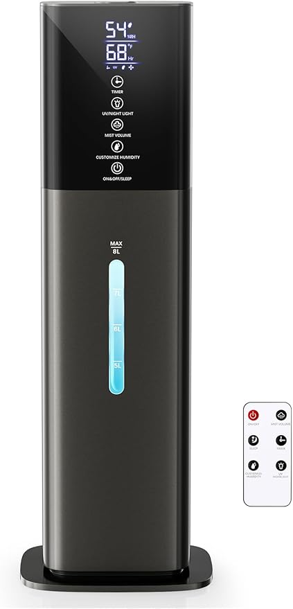 Humidifiers Large Room Bedroom with 7 Colors Light, 2.1Gal(8L) 3 Speed Quiet Ultrasonic Cool Mist Humidifier with 360° Nozzle, Humidity Setting, Timer,Aroma Box for Home Plant Baby Yoga Sleep (Gray)