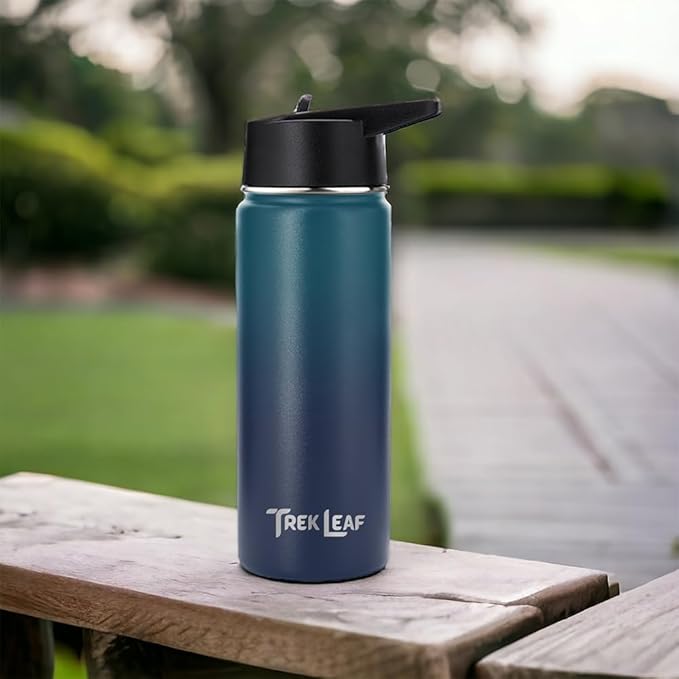 Travel Water Bottle with 3 Lids (Spout, Straw, Flip) Leak Proof, Quality, Vacuum Insulated, Stainless Steel (Deep Water, 18 oz)