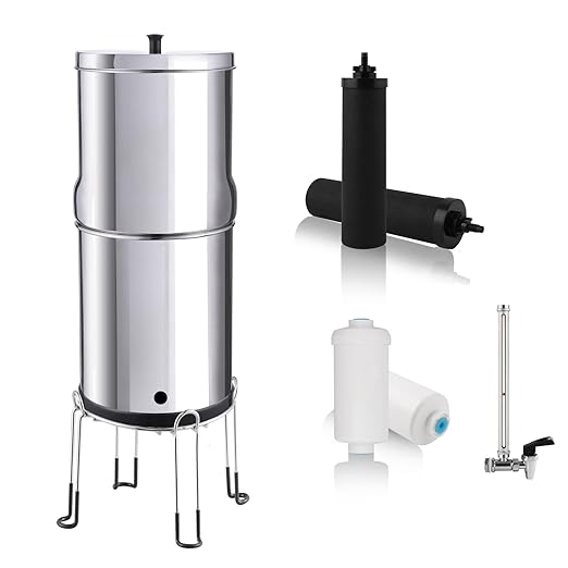 Amwater NSF/ANSI 42&372 Certification 3G Stainless Steel Gravity-Fed Water Filter System, Reduces Lead and up to 99% of Chlorine,with 4 Purification Filter,Sight Glass Spigot and 6inch Stand