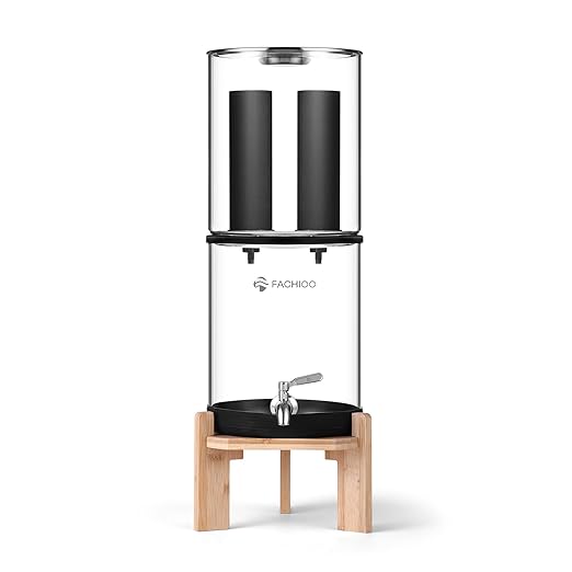 Gravity-Fed Water Filter System, 2.25G Glass Countertop System with 2 Black Purification Filter, Metal Spigot and Stand, NSF/ANSI 42 Certification, Reduces up to 99% of Chlorine