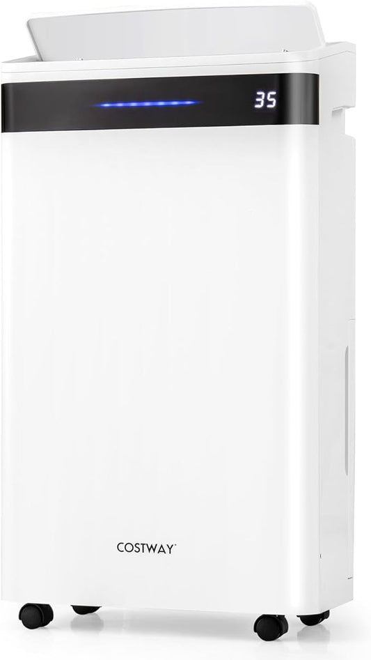 COSTWAY 4,500 Sq. Ft Dehumidifier for Basement, 3-Color Humidity Indicator, Dry Clothes Mode, 12" Drain Hose & Wheels, 57 Pint/Day Dehumidifier for Large Room (White&Black)