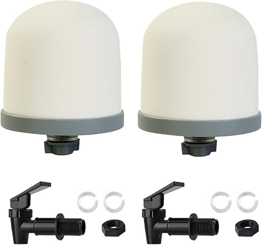 HUI NING Replacement Ceramic Dome Water Filter and Faucet Kit for Countertop,Household Water Bucket, Water Cooler Filtration Systems Water Pitcher (2 Dome Filters & 2 Black Taps)