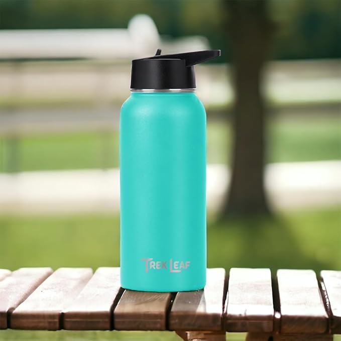 Travel Water Bottle with Carrying Bag, 3 Lids (Spout, Straw, Flip), and Bottle Brush; Leak Proof, Quality, Vacuum Insulated, Stainless Steel (Turquoise, 32 oz)