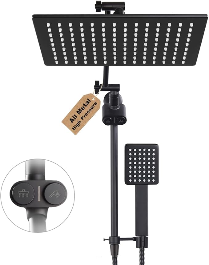POP SANITARYWARE All Metal Matte Black Shower Head with Handheld, High Pressure 12 Inch Showerhead Combo, 71 Inch / 6 ft Hose, Press Button 4-Way Diverter, Adjustable Extension Arm