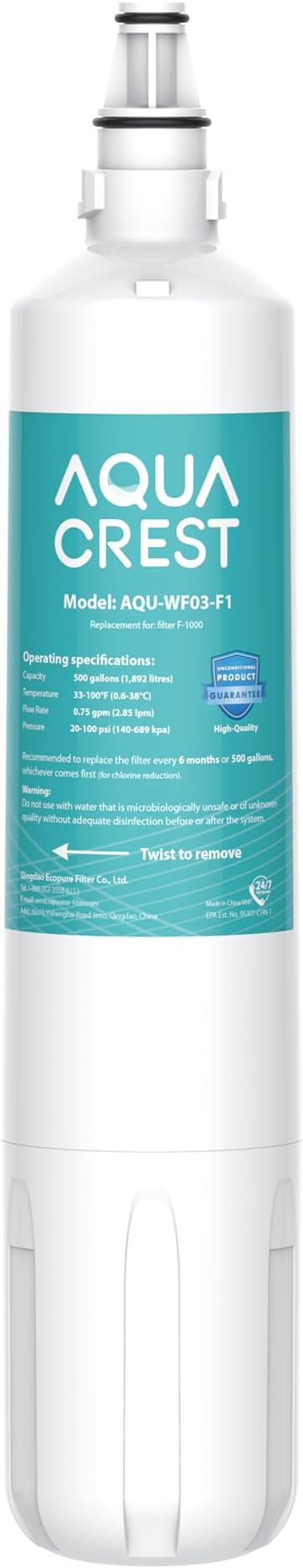 AQUACREST F-1000, 4204490 Water Filter, Replacement for InSinkErator® F-1000, Sub-Zero 4204490, 4290510,F-2000 F-3000, WCF110-L and AquaPure AP Easy C-Complete, Subzero Water Filter, NSF/ANSI 42