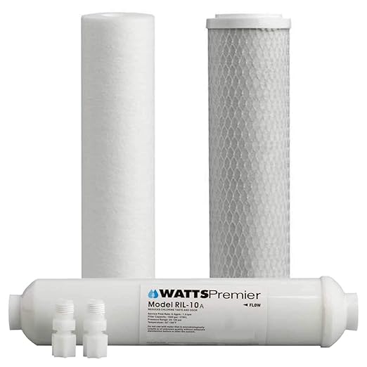 Watts Premier Annual 3-Pack Filtration Kit for 4 Stage RO-TFM-4SV and ZeroWaste RO Reverse Osmosis Systems - Sediment, Carbon Pre-Filter, 10" GAC Inline Post-Filter