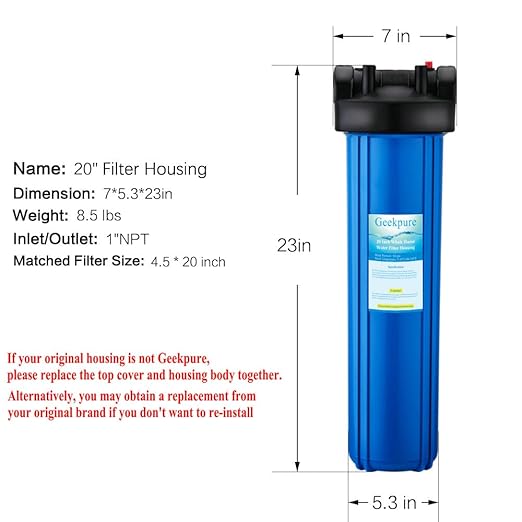 Geekpure 20 Inch Whole House Water Filter Housing-1" NPT Bras Port -Fit 4.5 x 20 Inch Filter -Blue(1)