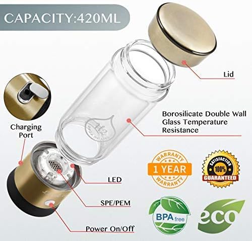 LevelUpWay 2025 Hydrogen Water Bottle Generator – New Technology Glass with SPE PEM Ionic Membrane – High Borosilicate Glass – 13 Ounce (Gold) – Premium Hydration Solution