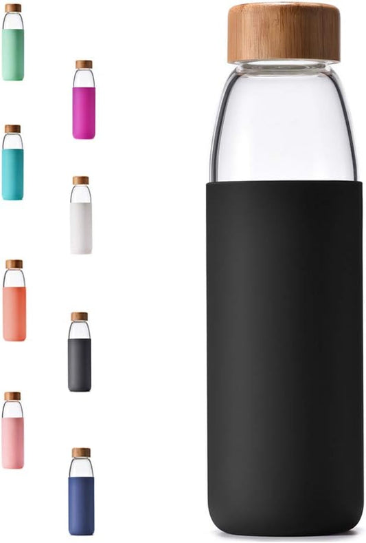 veegoal 25 Oz Borosilicate Glass Water Bottles with Bamboo Lid, BPA-FREE, Non-Slip Silicone Sleeve, and Stainless Steel Leak Proof Lid - Reusable Glass Bottle for Men and Women