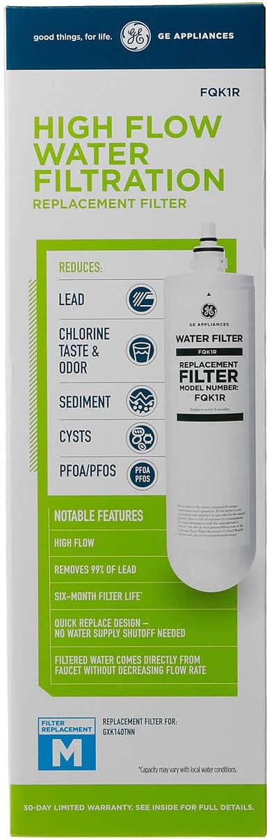 GE Single Stage Under Sink Replacement Filter, Fits GE GXK140TNN and GXULQK systems, Reduces Lead, Chlorine & Other Impurities for Better Water, Easy Install, Twist & Lock Design, FQK1R