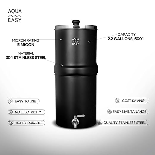 AquaEasy NSF/ANSI 372 Certified Stainless Steel Gravity Water Filter System (2.25 Gallon) 2X Activated Carbon Filter, Stainless Steel Tap and Wooden Stand | Countertop Water Filtration System (Matte)