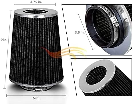 BLACK 3.5" 89 mm Inlet Truck Cold Air Cone Replacement Performance Washable Clamp-On Dry Air Filter (8" Tall)