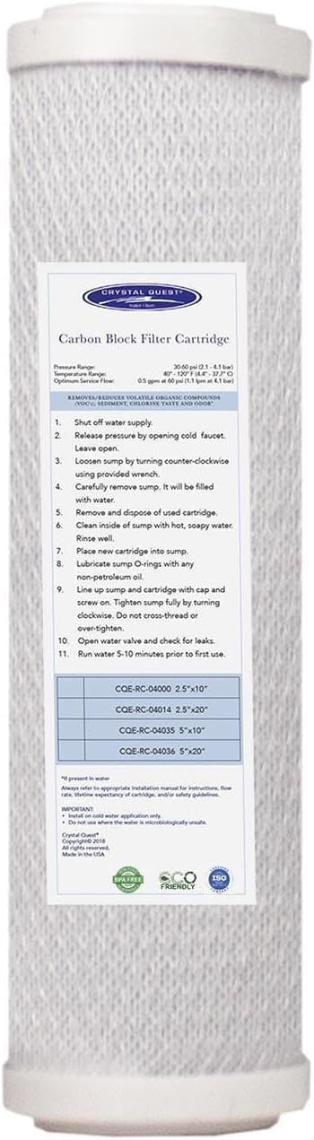 Crystal Quest 5-Micron Carbon Block Filter Cartridge - 2-7/8" x 9-3/4" - Coconut-Based Activated Carbon - Reduces Sediment and VOC’s - Sustainable Filtration