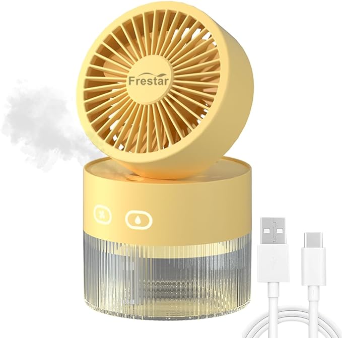 Personal Cooling Fan and Small Air Humidifier 350ml with LED Night Light, Desktop USB Charging Humidifier and Fan 3 in 1 for Office and Small Room, No Battery (Yellow)