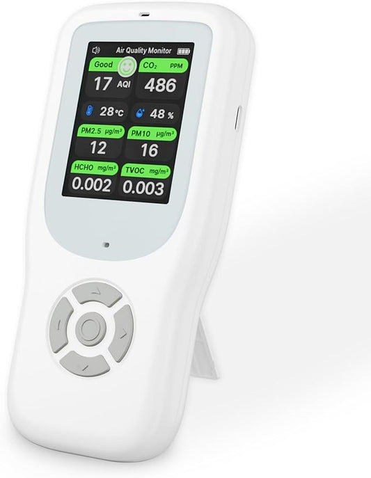 11-in-1 Air Quality Monitor - Portable Indoor Air Quality Detector with Stand, Real-Time Test for AQI, CO2, PM2.5, PM1.0, PM10, TVOC, HCHO, Particles, Temperature & Humidity with Aler (White-Black)
