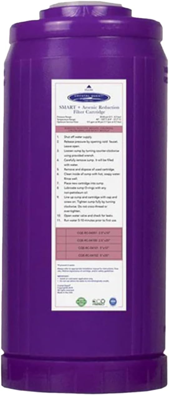 Crystal Quest Arsenic Removal + SMART Filter Cartridge 4-5/8" x 9-3/4" - Reduces Arsenic, Long-Lasting, Easy Installation, Heavy-Duty Water Filtration