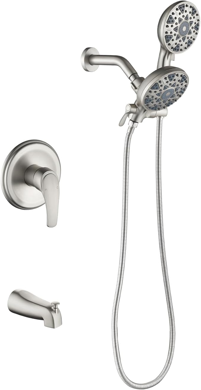 Tub and Shower Faucet Set Complete Dual Shower Head and Handheld 2 in 1 Combo Set Shower System with Tub Spout Tub and Shower Trim Kit Brushed Nickel