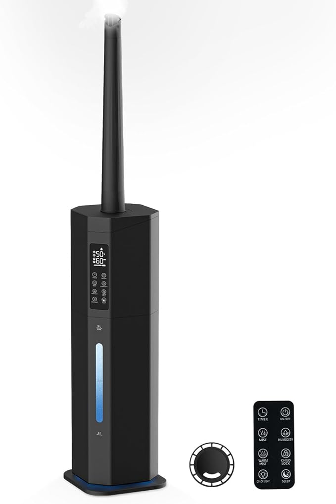 Humidifiers for Bedroom - GloryAir 2.38Gal/9L Top Fill Warm & Cool Mist Humidifier for Large Room 750ft² with Auto Mode 7-Color Light, Humidistat, Quiet Humidifier for Plants Baby Adults Home & Office