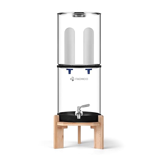 Gravity-Fed Water Filter System, 2.25G Glass Countertop System with 2 Ceramics Fluoride and Arsenic Reduction Elements, Metal Spigot, and Stand, Reduces Fluoride and Chlorine