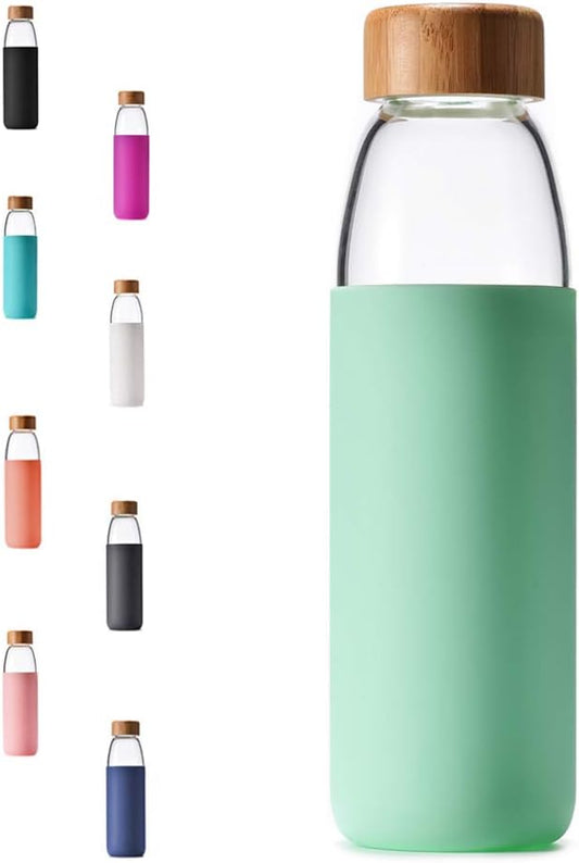 veegoal 25 Oz Borosilicate Glass Water Bottles with Bamboo Lid, BPA-FREE, Non-Slip Silicone Sleeve, and Stainless Steel Leak Proof Lid - Reusable Glass Bottle for Men and Women