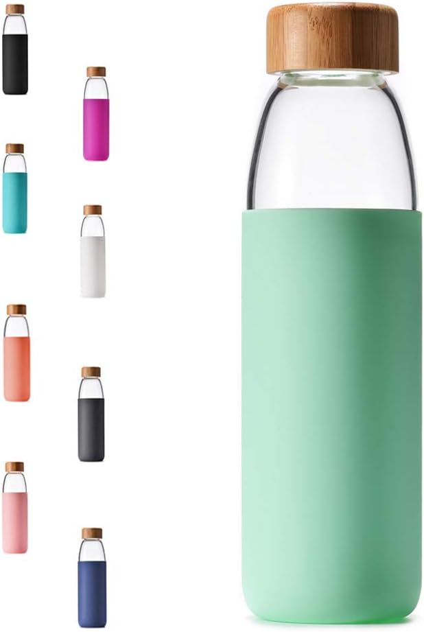 veegoal 18 Oz Borosilicate Glass Water Bottles with Bamboo Lid, BPA-FREE, Non-Slip Silicone Sleeve, and Stainless Steel Leak Proof Lid - Reusable Glass Bottle for Men and Women