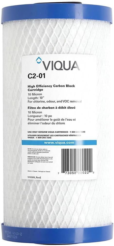Viqua C2-01 Carbon Block Water Filter Cartridge – 10" x 4.5", 10 Micron, High Flow 6.5 GPM – Reduces Chlorine, Taste & Odor – Fits Standard 10-Inch Housings – NSF Certified
