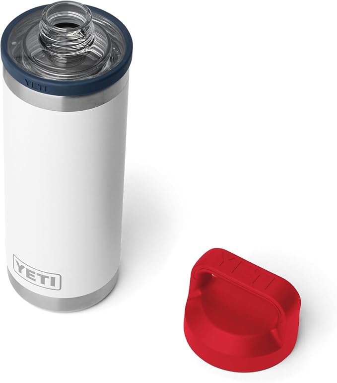 YETI Rambler 18 oz Bottle, Vacuum Insulated, Leakproof, Stainless Steel with Chug Cap, White/Navy/Rescue Red