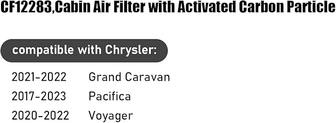 CF12283,Cabin Air Filter with activated carbon particle compatible with Chrysler,2021-2022 Grand Caravan,2017-2023 Pacifica,2020-2022 Voyager.68308950AB.