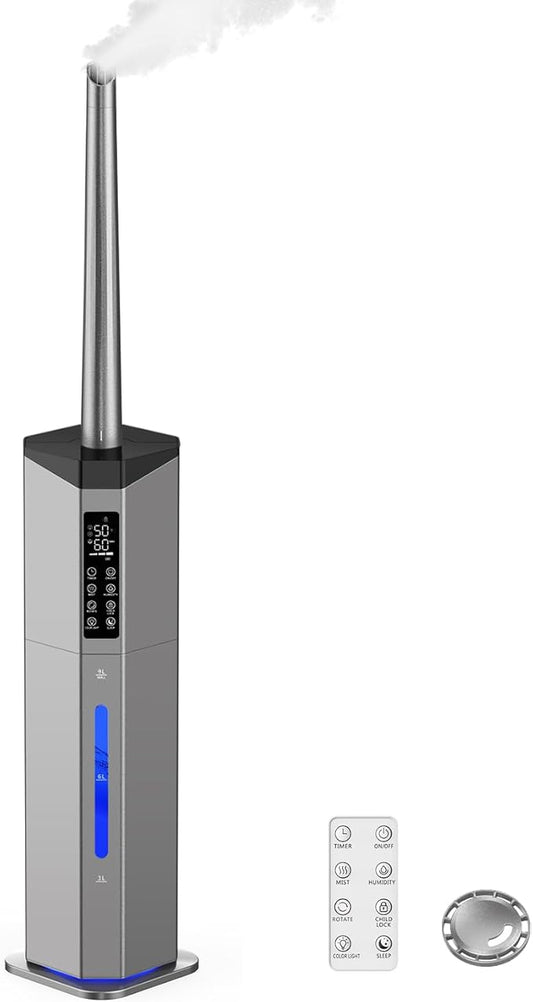 Humidifiers for Bedroom - GloryAir 2.38Gal/9L Dual Atomizers Top Fill Humidifier for Large Room 2000ft² with Auto Rotation 7-Color Light Humidistat Quiet Commercial Humidifiers for House Plants Baby