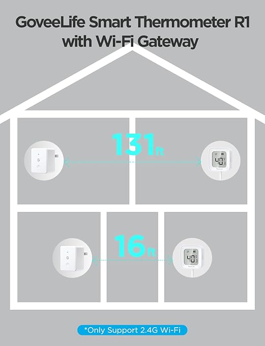 GoveeLife WiFi Refrigerator Thermometer with Alarm, Wireless Digital Freezer Temperature Gauge with App Control, LCD Display, 2 Years Free Data Export, for Fridge Hot Tub (Only Support 2.4G WiFi)