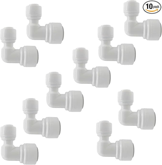 10 PCS 1/4" X 3/8" OD Elbow Push Fit Connector, 90-Degree Quick Connect Tube Fittings for RO Water System, Water Filter, Refrigerator, Air Compressor (Plastic, Leak-Proof)