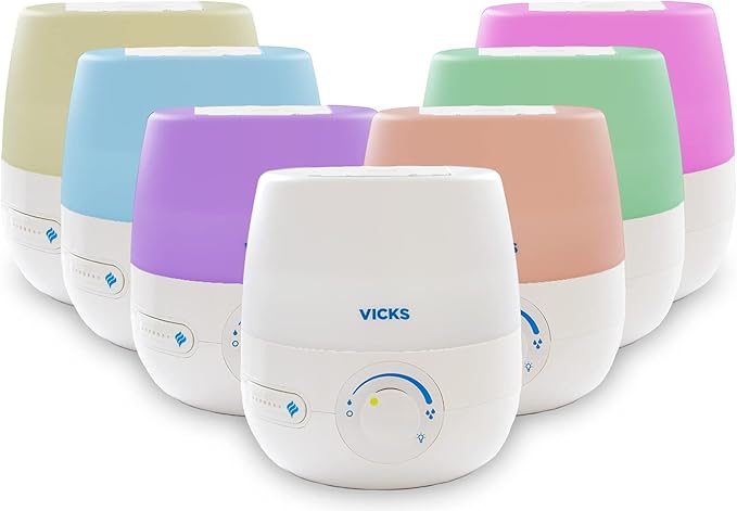 Vicks NaturalCare Cool Mist Ultrasonic Humidifier (VUL530), White, Small Room – Humidifier and Diffuser with Nighttime Light, Works with Vicks VapoPads