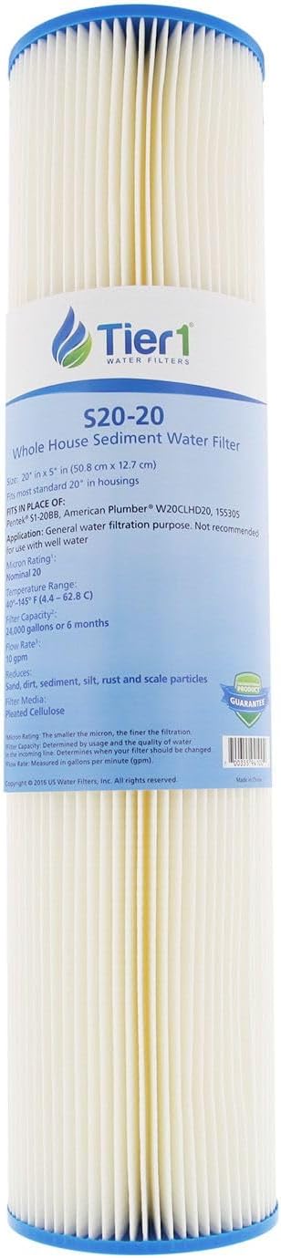 Tier1 20 Micron 20 Inch x 4.5 Inch | Pleated Cellulose Whole House Sediment Water Filter Replacement Cartridge | Compatible with Pentek S1-20BB, 155305-43, W20CLHD20, Home Water Filter