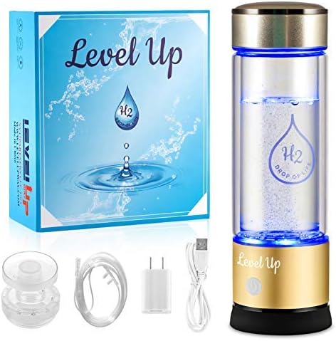 LevelUpWay 2025 Hydrogen Water Bottle Generator – New Technology Glass with SPE PEM Ionic Membrane – High Borosilicate Glass – 13 Ounce (Gold) – Premium Hydration Solution