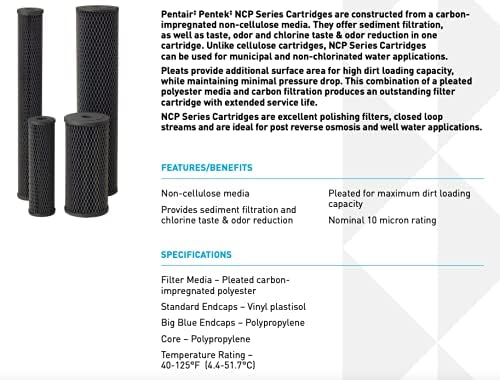 Pentair Pentek NCP-10 Carbon Water Filter, 10-Inch, Under Sink Non-Cellulose Carbon Impregnated Pleated Filter Cartridge, 10" x 2.5", 10 Micron