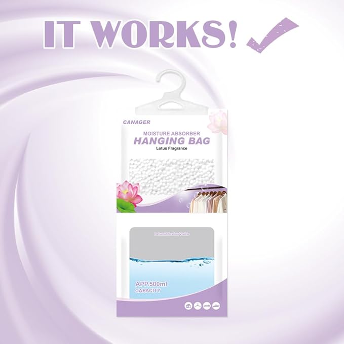 CANAGER Hanging Moisture Absorber, Lotus Fragrance Moistureproof Hanging Bag, Dehumidifier Bag (8 packs) Hanging Closet Dehumidifier Bags, Moisture Absorb 12.5 oz.