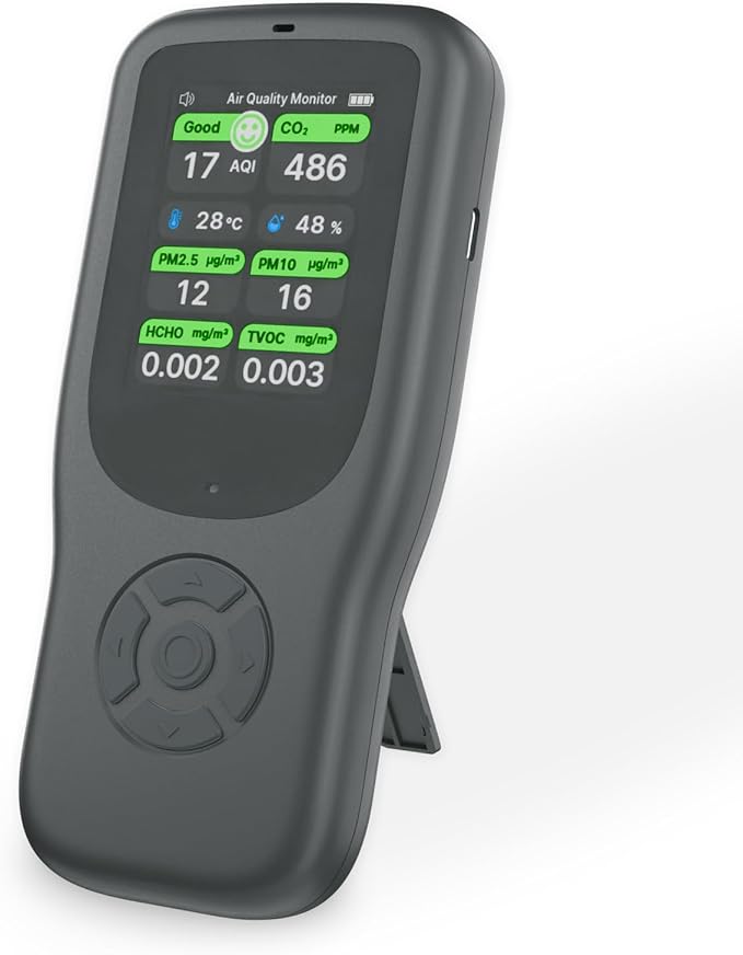 11-in-1 Air Quality Monitor - Portable Indoor Air Quality Detector with Stand, Real-Time Test for AQI, CO2, PM2.5, PM1.0, PM10, TVOC, HCHO, Particles, Temperature & Humidity with Aler (Black-Black)