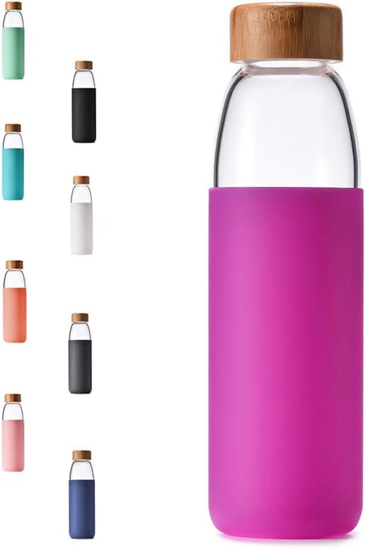 veegoal 18 Oz Borosilicate Glass Water Bottles with Bamboo Lid, BPA-FREE, Non-Slip Silicone Sleeve, and Stainless Steel Leak Proof Lid - Reusable Glass Bottle for Men and Women