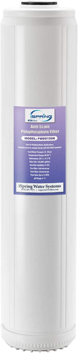 iSpring FWDS150K Anti-Scale Replacement Cartridge for WDS150K Whole House Water Filter, 20" x 4.5", White, Lasts Up to 12 Months, 1-Pack
