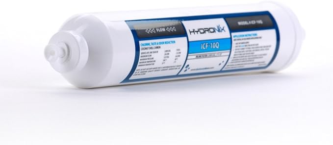 Hydronix ICF-10Q Inline Reverse Osmosis Post, Fridge & Ice Coconut GAC Water Filter 2000 Gal, 1/4" Quick Connect