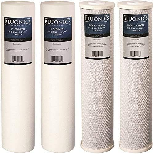 BLUONICS Sediment & CTO Carbon Block Water Filters 4-pack (5 Micron) 4.5" x 20" Whole House Cartridges for Rust, Iron, Sand, Dirt, Sediment, Chlorine, and Odors