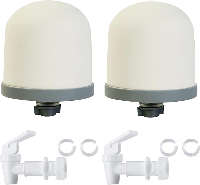 HUI NING Replacement Ceramic Dome Water Filter and Faucet Kit for Countertop,Household Water Bucket, Water Cooler Filtration Systems Water Pitcher (2 Dome Filters & 2 White Taps)