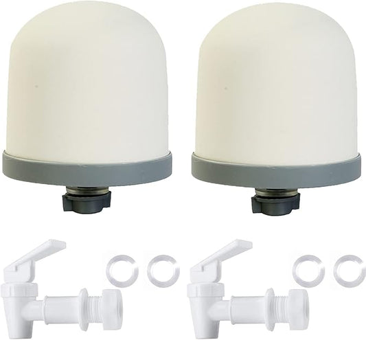 HUI NING Replacement Ceramic Dome Water Filter and Faucet Kit for Countertop,Household Water Bucket, Water Cooler Filtration Systems Water Pitcher (2 Dome Filters & 2 White Taps)