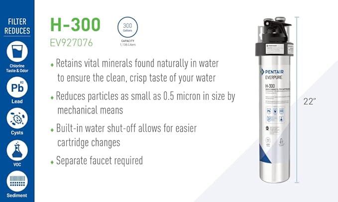 Pentair Everpure H-300 Drinking Water System, EV927076, NSF Certified to Reduce Lead, Includes Filter Head, Filter Cartridge, All Hardware and Connectors, 300 Gallon Capacity, 0.5 Micron