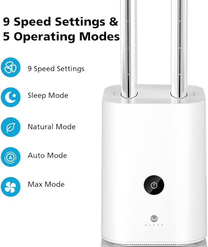 ULTTY Bladeless Tower Fan and Air Purifier in one, Bedroom Fan with HEPA Filter 99.97% Smoke Dust Pollen Dander, 42 Inch 90° Oscillating Tower Fan with Remote, Touch, 8H Timer