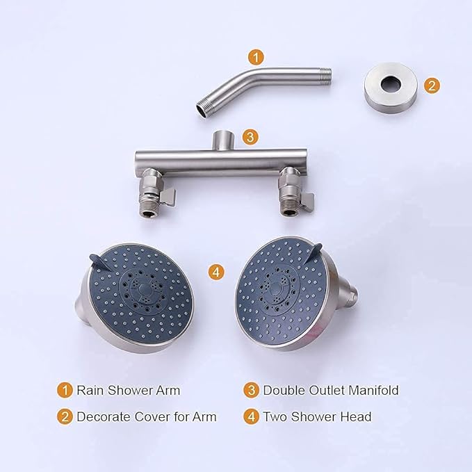 AZOS Double Shower Head with Shut-Off Valve, Bathathroom High Pressure Dual Fixed Rain Shower Head Combo with Brass Dual Outlet Manifold, Adjustable 5 Function Showerhead Brushed Nickel