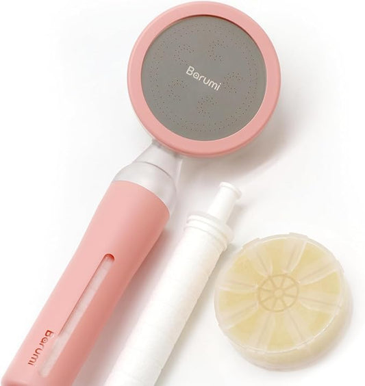 Barumi Pluo Handheld Filtered Shower Head - Pink | Vitamin C Filter for Healthy Skin & Hair | High Pressure Soft Spray | Dual Filtration Removes Chlorine & Impurities | Gentle Shower for Pets