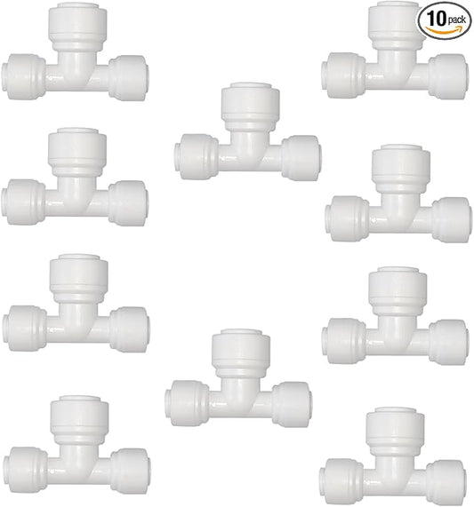 10 PCS 1/4" x 3/8" x 1/4" Push Fit T-Shaped 3-Way Tube Connector, Plastic Quick Connect Fittings for RO Water Purification System, Reverse Osmosis, Water Filters (White)